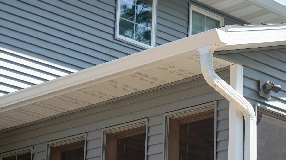 Professional home remodeling project showing newly installed white seamless gutters and downspouts on a house with gray siding in Jacksonville, FL