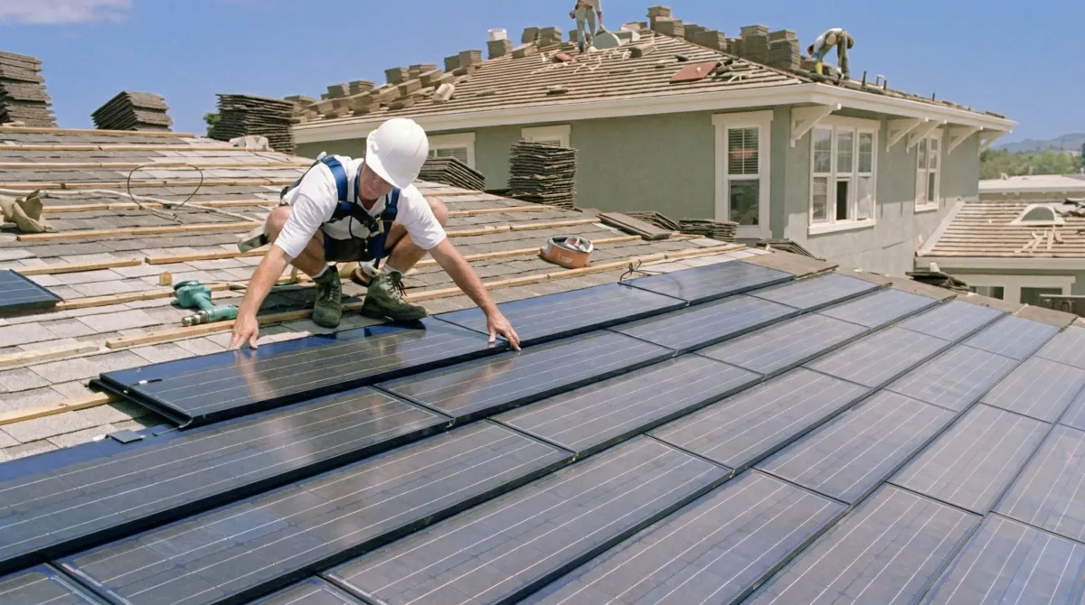 Roof replacement expert installing modern solar shingles on a residential home in Jacksonville, FL