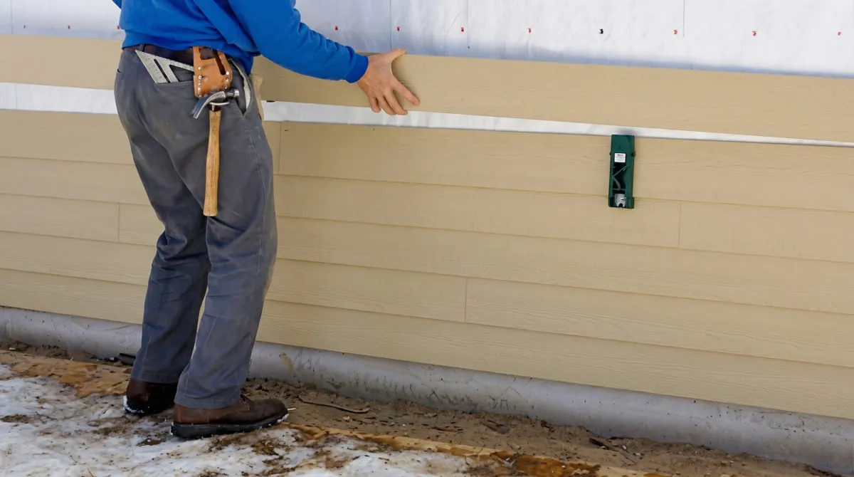 Siding replacement expert carefully aligning a new tan siding panel onto a residential exterior wall in Jacksonville, FL