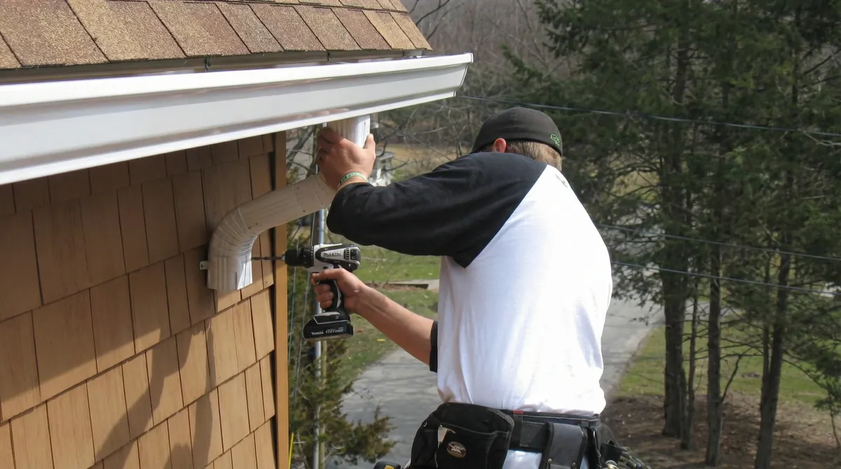 Professional contractor installing tan vinyl siding panels on a residential home exterior in Jacksonville, FL