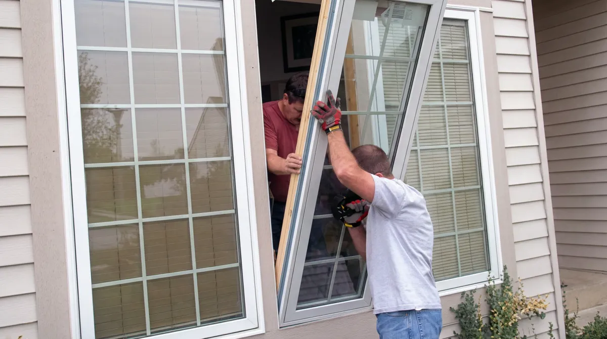 Professional home remodeling team installing a large replacement window on a house with tan siding in Jacksonville, FL